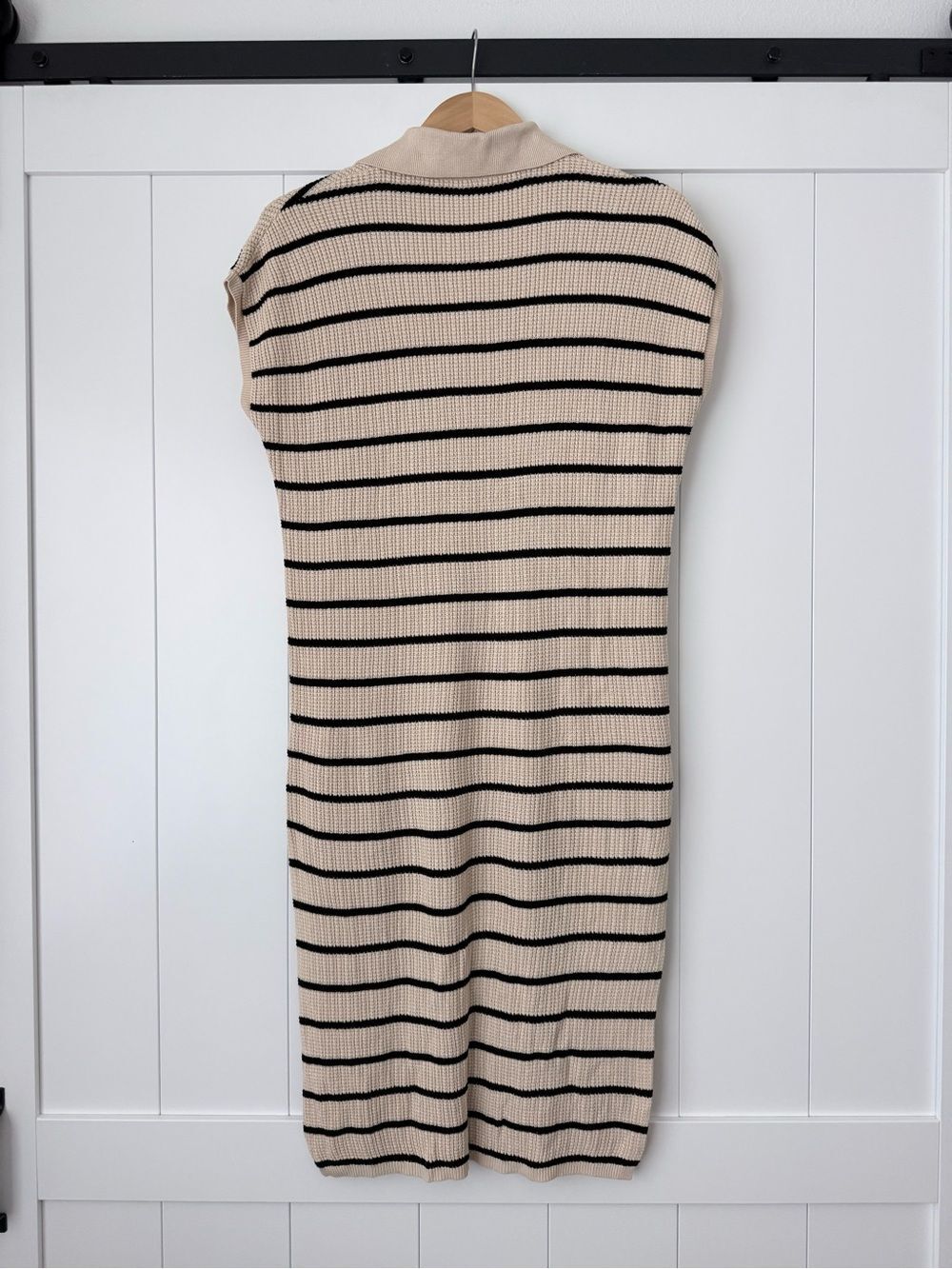 Striped Crochet Knit Polo Midi Dress Sz M Beige Black Slit Beach Summer Preppy - Picture 2 of 14